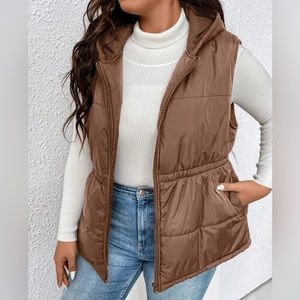 Plus Drawstring Waist Zipper Hooded Vest Puffer Coat